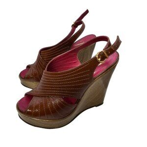 Sergio Zelcer Brown Patent Leather Top Stich Peep Toe Wedge Heels Size 6.